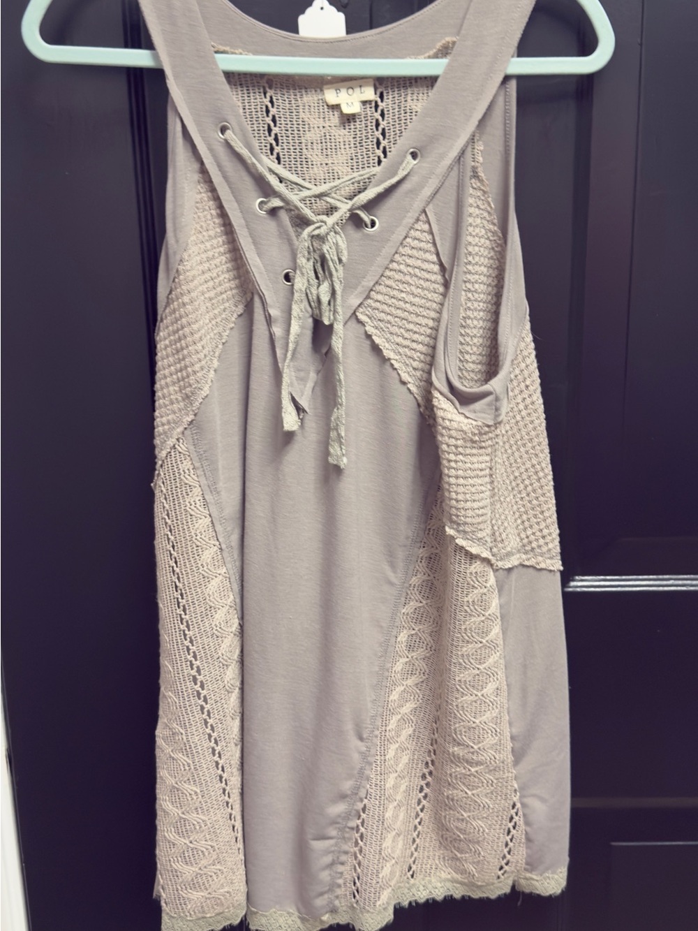 POL Lace-Up Knit Panel Tank/Tunic - Gray - Ryns oversized.